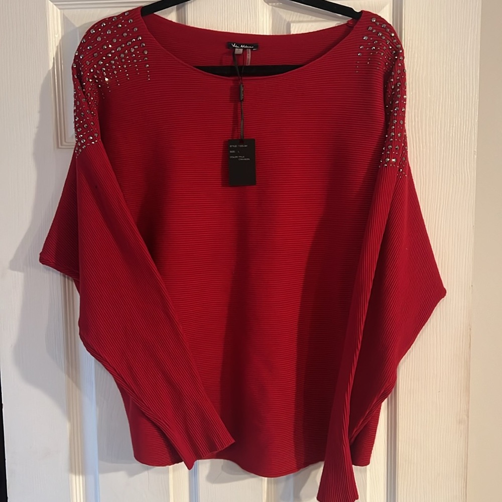 Vila Milano size large red sweater embellished with rhinestones on shoulders
